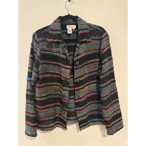 Coldwater Creek Women M Black Multi Color Striped Fringed Knit Artsy Boho Jacket